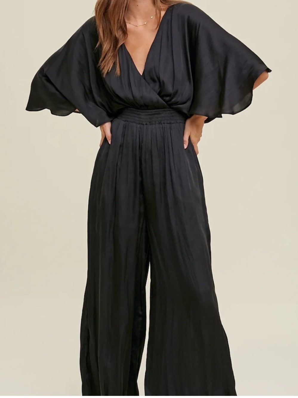 Strut & Bolt Black V-Neck Wide-Leg Jumpsuit with Flutter Kimono Sleeves NWOT